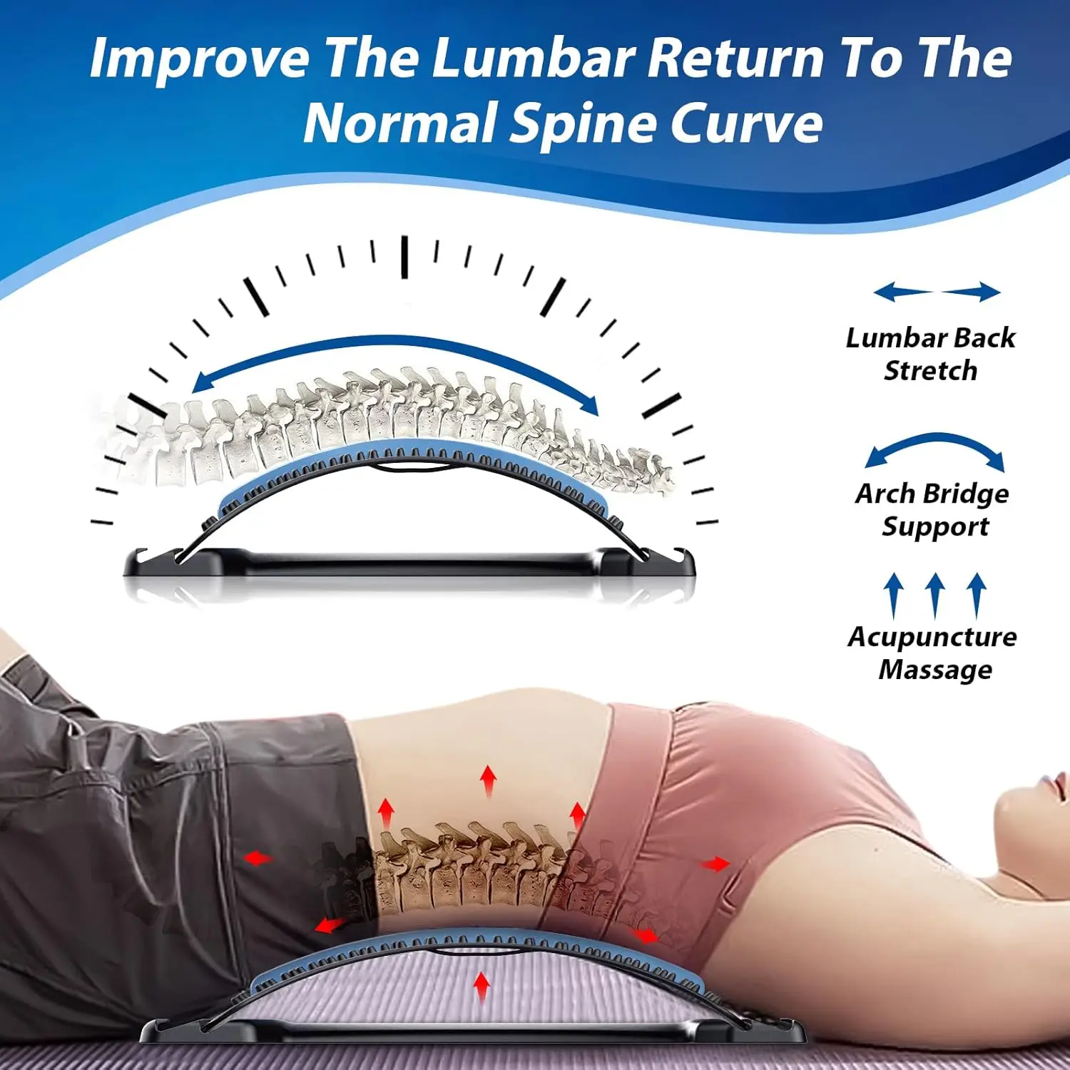 Wellshow Sport Back Stretcher for Lower Back Pain Relief Level Adjustable Lumbar Back Cracker Board Massager for Home Gym