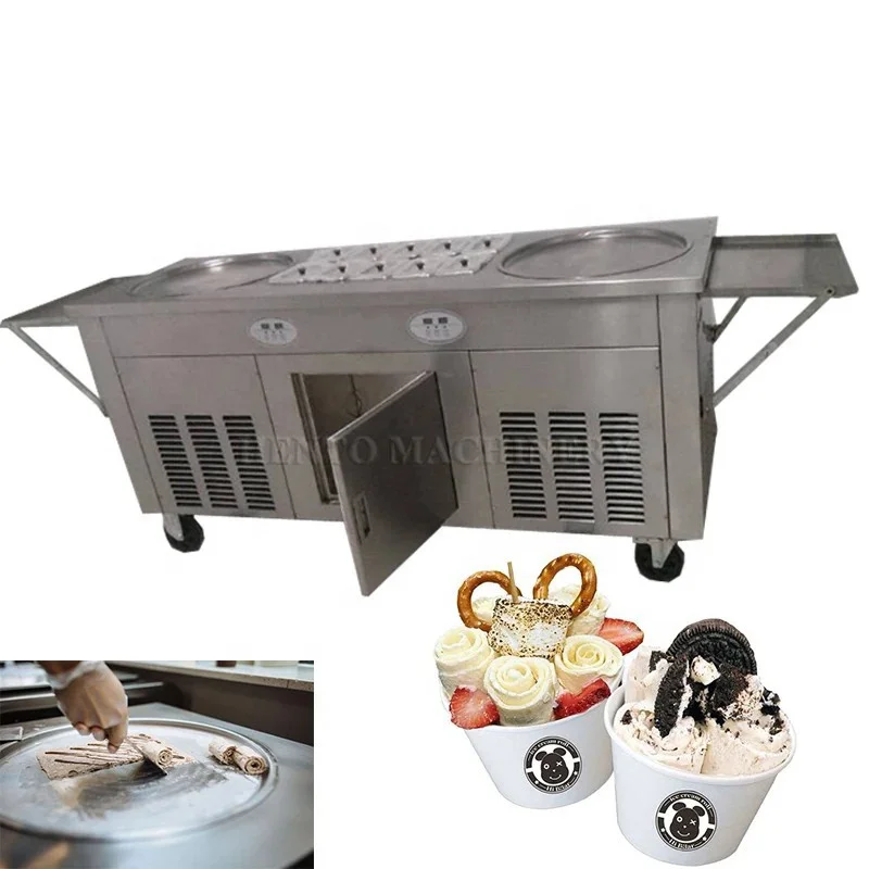 10 Fruit Container Double Pan Thailand Rolled Fried Ice Cream Machine / Instant Ice Cream Rolls Machine