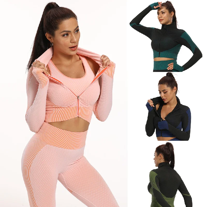 Three-piece Hot Buy High Elastic Long-sleeve Zipper Windproof Tight Seamless Sweat Sports Workout Bra Yoga Pants