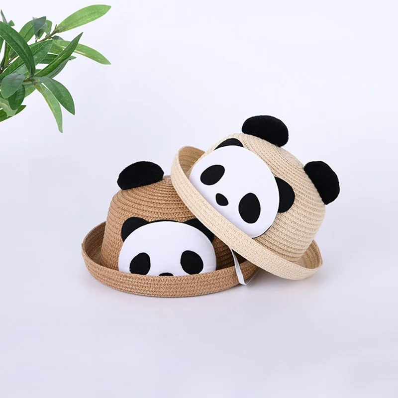 Summer Kids Beach Travel Hat Korean Cartoon Panda Boy Girls Straw Children Sun Hat Baby Fisherman Hat Kids Panama
