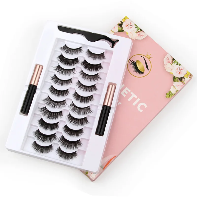 Eyeliner liquid magnet false eyelashes 10 pairs/set pack magnetic glue-free 3D natural eyelashes