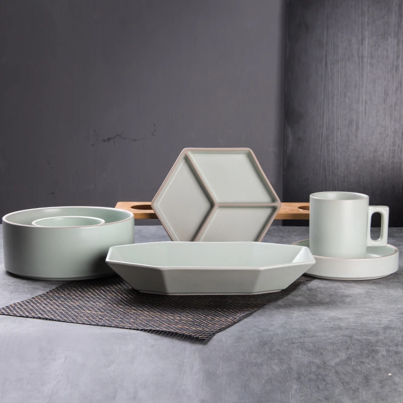 Wholesale Matte Cyan Korean Style Tableware Set Hand Painted Plate Mug Porcelain Peru Ceramic Dinnerware Sets