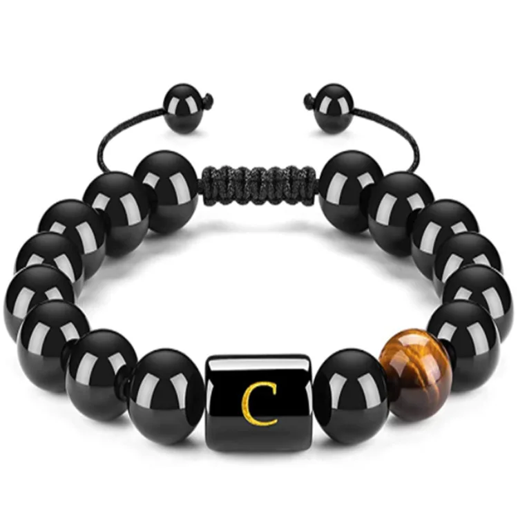 Fashion 26 Letters Tiger Eye Black Onyx Stones Beads Bracelet for Women Men