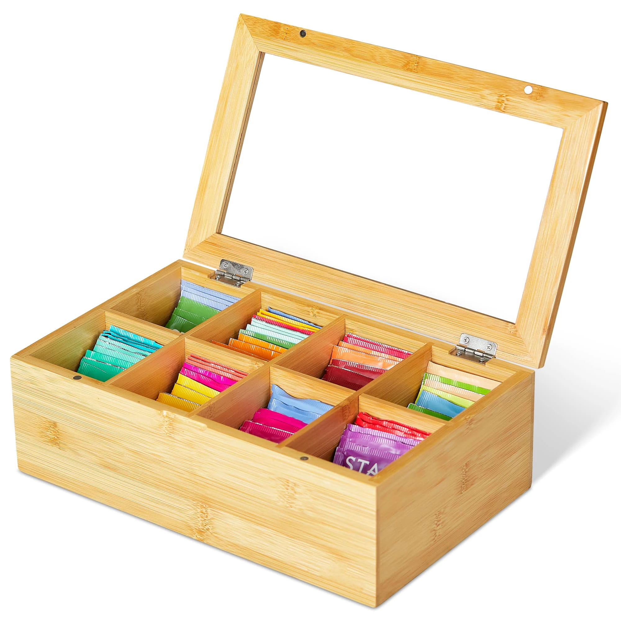 Big Natural Bamboo Tea Storage Organizer with Clear Acrylic Top Window, 8 Compartments Eco-Friendly Tea Bag Holder