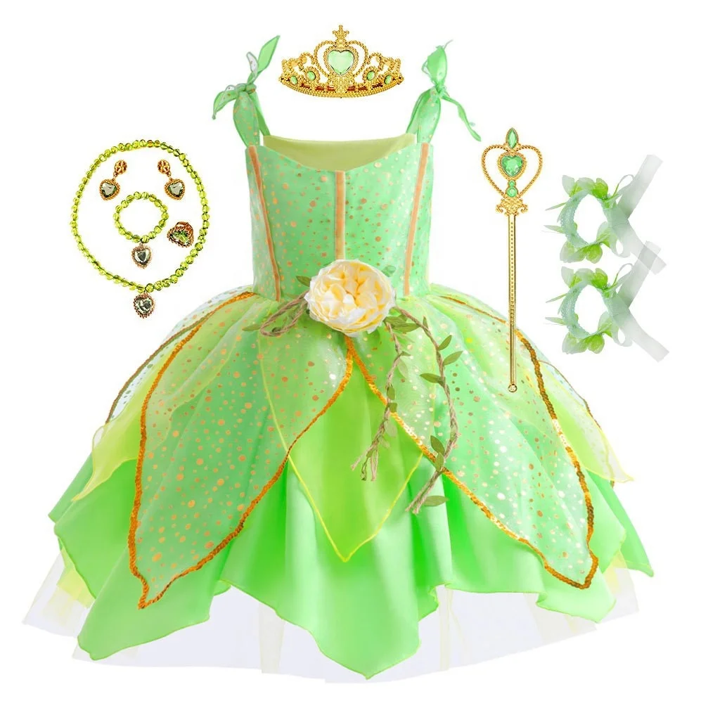 Factory price Halloween cosplay green elf dress Princess Tiana Tinker Bell school Party kids performance clothes