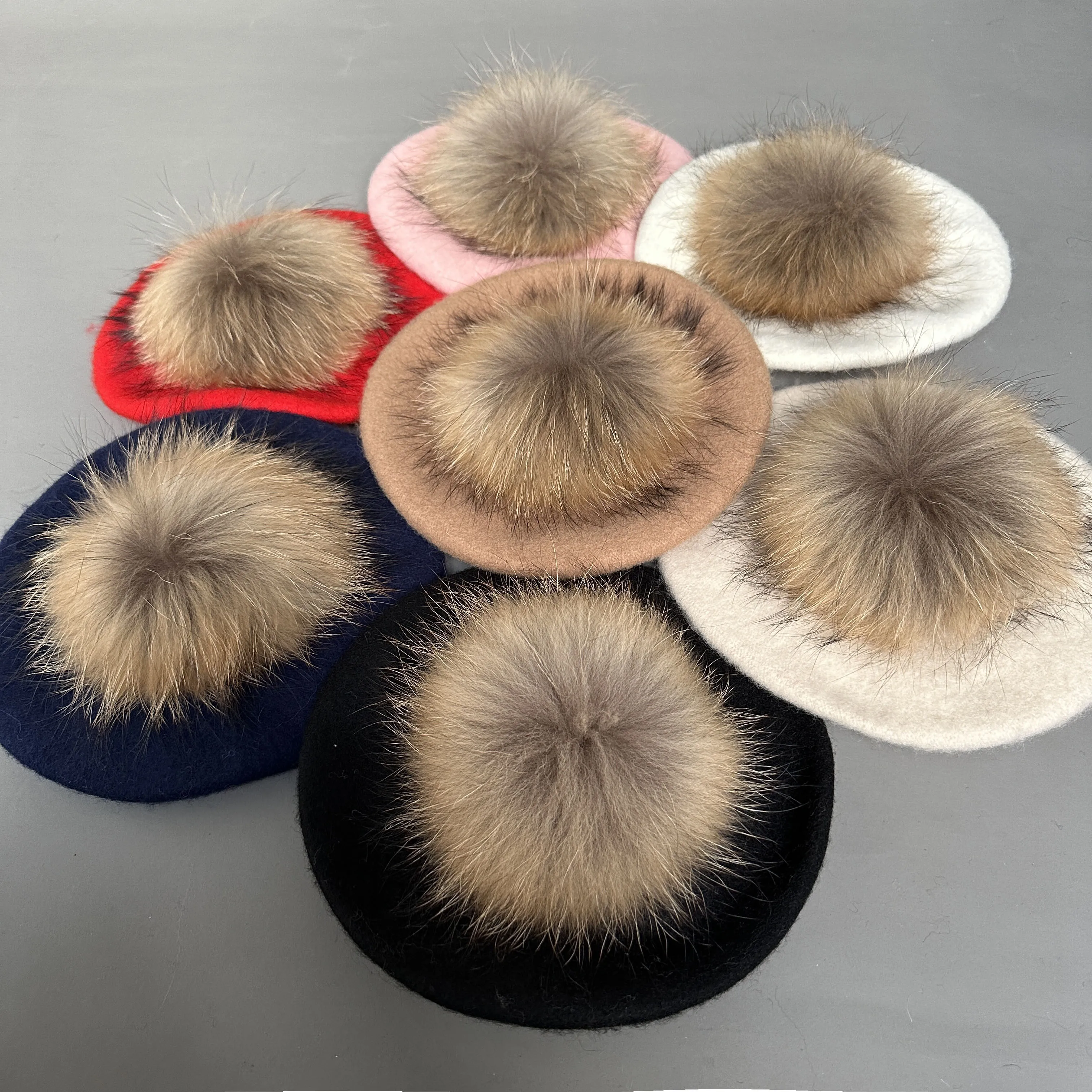 Classic Design Kids Beret Hat With Real Raccoon Fur Pompom Winter Girl Multicolored Wool Beret With Fox Fur Pom Pom