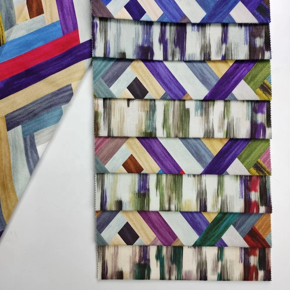 High Quality 100% Polyester 210gsm Super Soft Geometric Printed Velvet Sofa Fabric For Home Textile