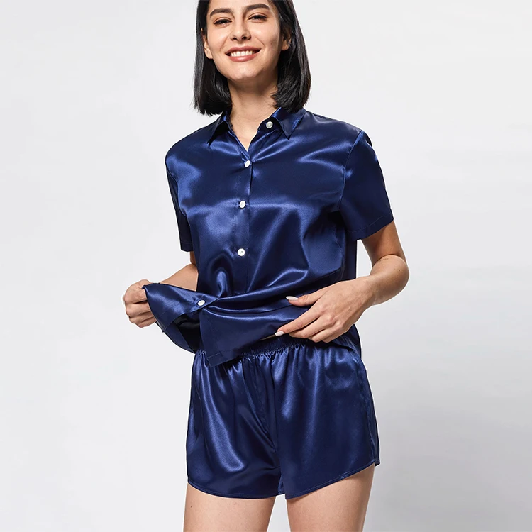 Luxurious blue silk pajamas100% mulberry loose fit V neckline resists skin aging plus size silk pajama sets