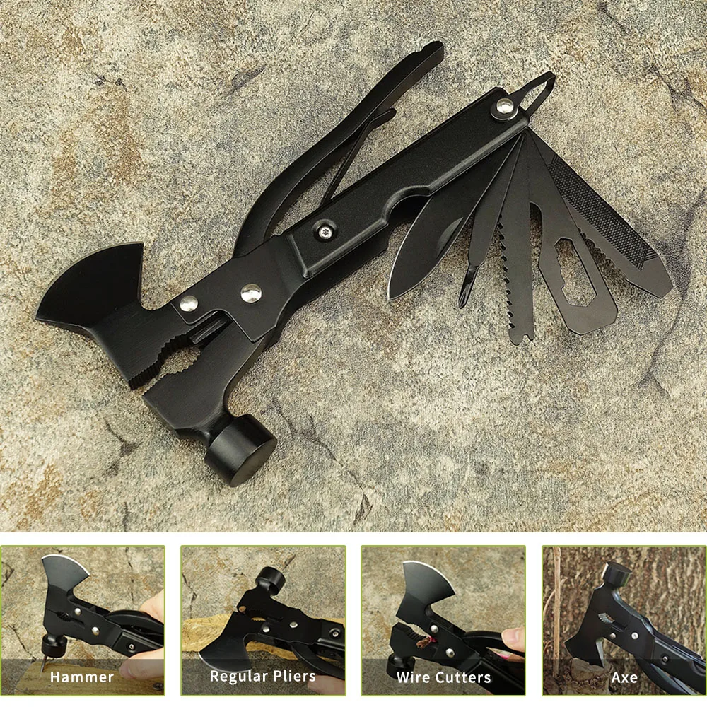 Multi Axe Tool 18 in 1 Camping multitool Survival emergency hammer with axe for  Hiking Outdoor Household Black