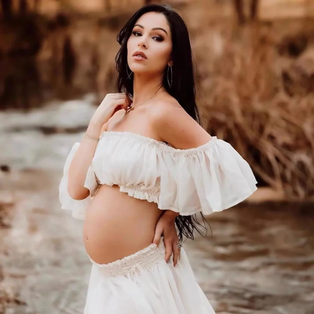 Maternity Dresses Off-shoulder White Photography 2 Pcs Suit Elegant Casual Chiffon Pregnancy Photo Shoot Women Long Slit Dress