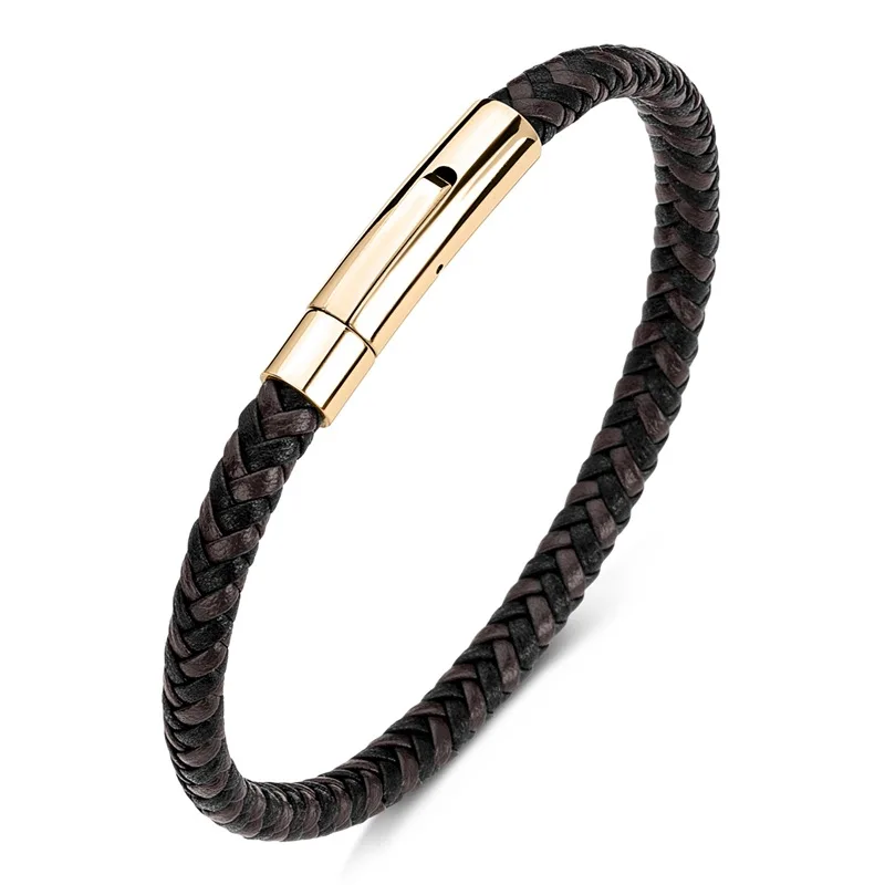 2024 Wholesale Korean Style 6mm Mens Red Black Blue Flat Round Braided Pu Leather Bangles Gold Magnetic Bracelets
