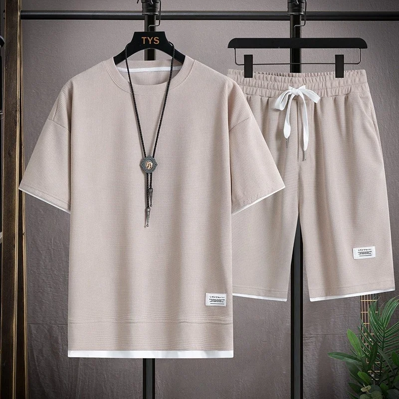 Liu Ming Hot Products 2025 Custom Logo Summer Men s Waffle Sets Casual T Shirt Tracksuit Loose Sports Shorts Suits