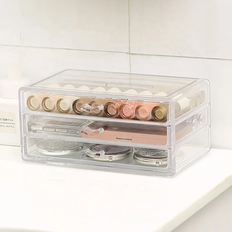 Dresser beauty woman cosmetic jewelry brushes countertop storage drawer box diamond clear plastic makeup organizer