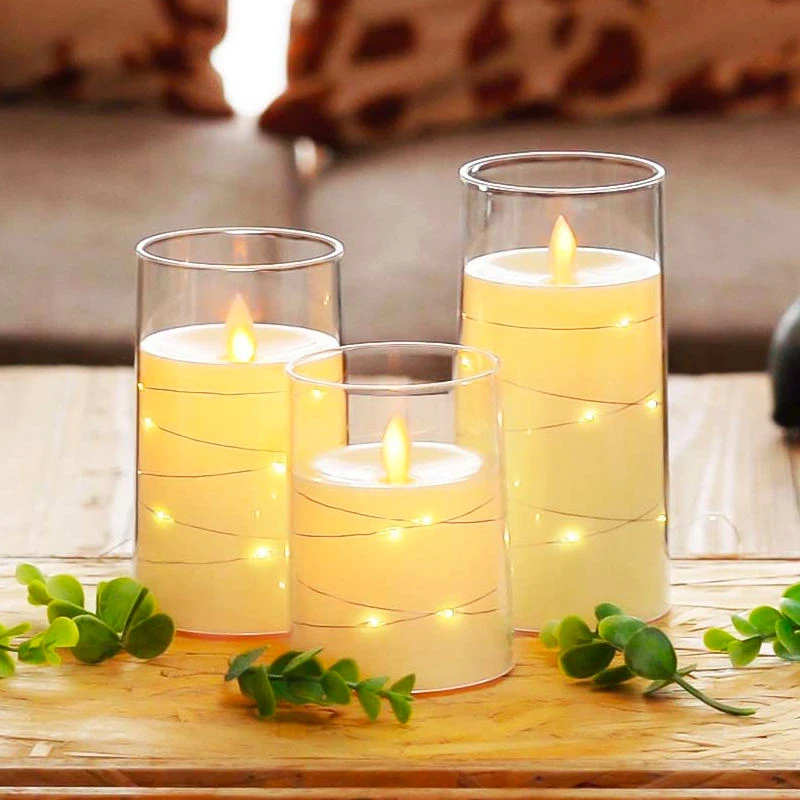 3pcs Flickering Flameless Candles with String Lights Battery Operated Candles Unbreakable Plexiglass Candles with Remote