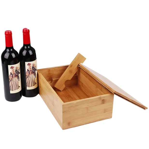 
Custom Logo Gift 2 Bottle Bamboo Packaging Red Wine Storage Case Box With Sliding Lid 