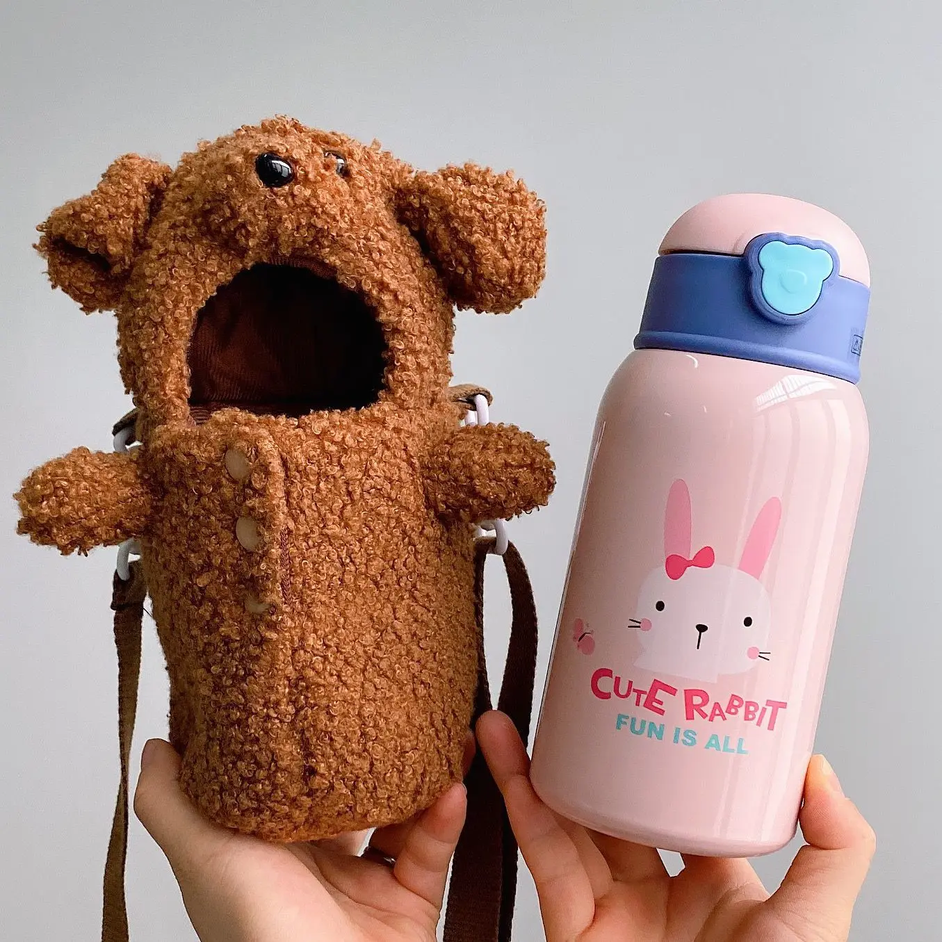 Cute Cartoon Stainless Steel Kids Water Bottle with Plush Sleeve