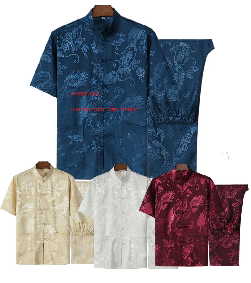 ecoparty Men Silk Satin Shirt Chinese Traditional Tang Suit Smooth Men Dragon Print Shirt Business Chemise Casual Kong Fu Shirts