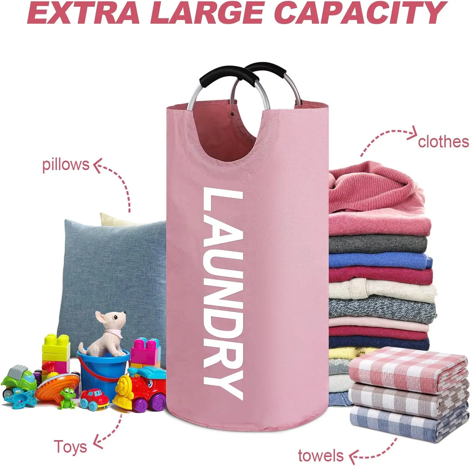 Skymoving New Custom Pink Large Dirty Laundry Basket Foldable Clothes Organizer Fabric Storage Laundry Hamper Bag with Handle