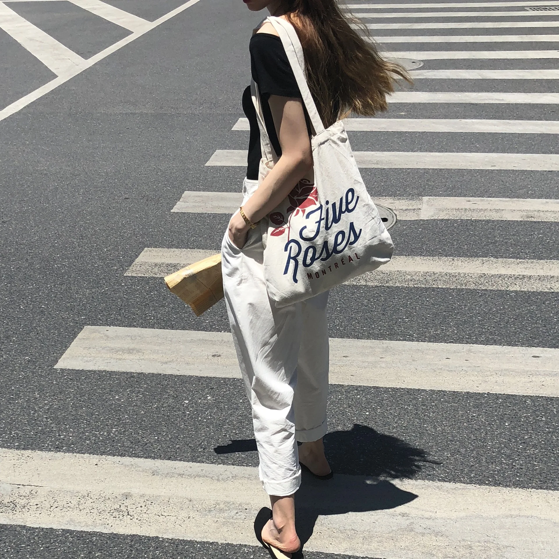 
Simple natural cotton road bag cloth shopping bag with printed logo 