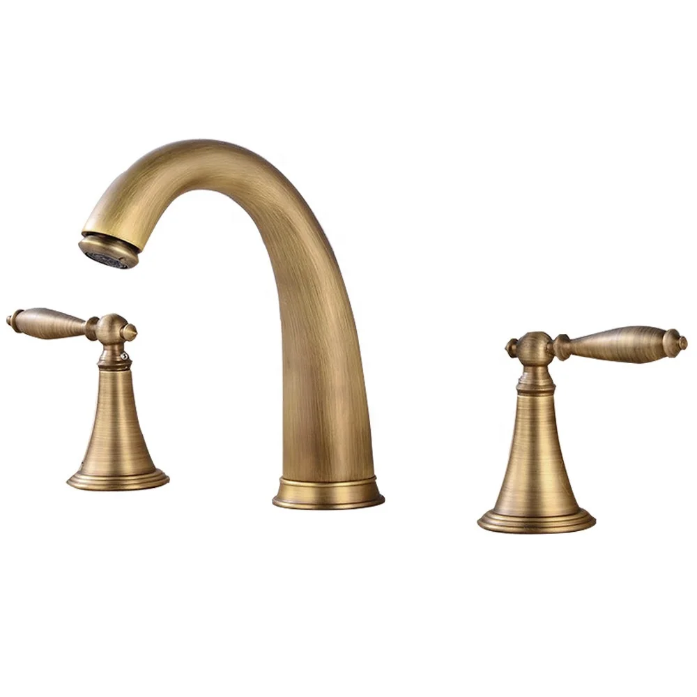 Classic European style brass antique deck-mounted 3-hole bathroom sink faucet retro dual handle basin mixer water tap XR161