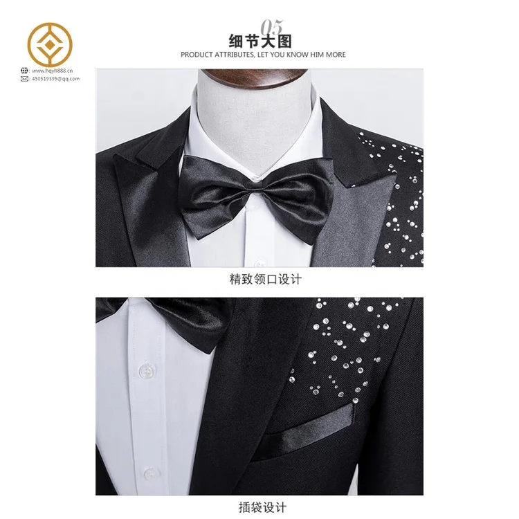 Mens Fashion Black White Crystal Wedding Tuxedo Gentleman Shiny Singer 2021