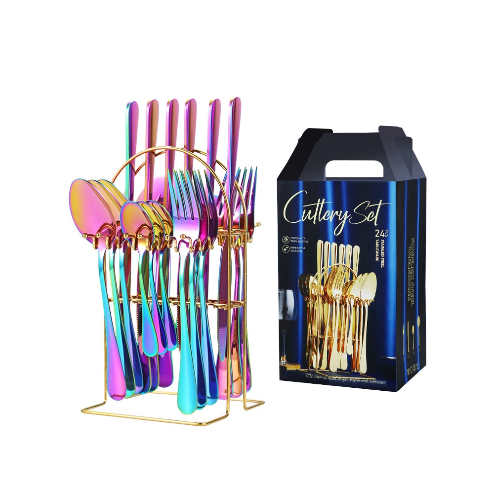 24PCS knife spoon fork stainless steel cutlery set matte white royal gold plated cutlery flatware set