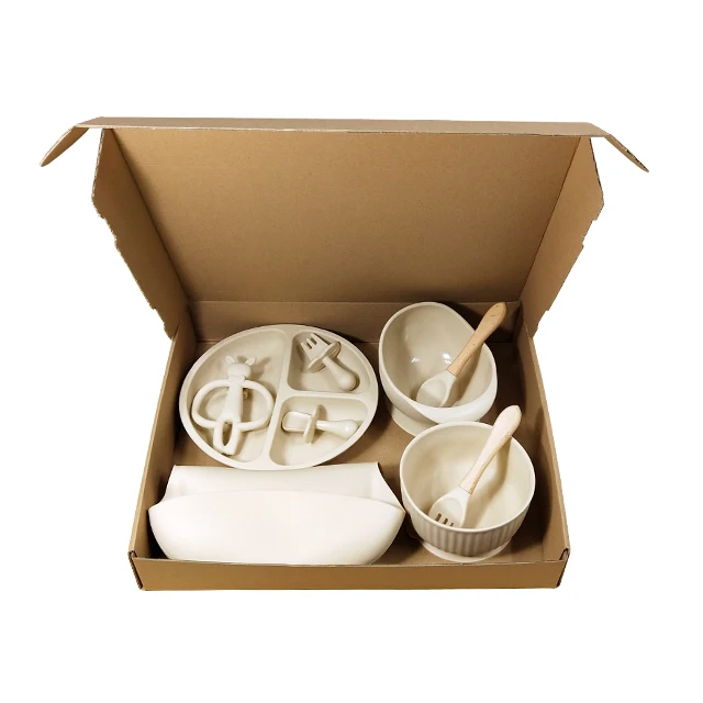 Wholesales foldable modern custom kids spoon fork bowl plate sets teething teether toy bib silicone baby feeding set