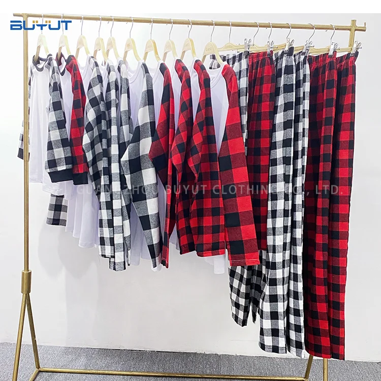 New buffalo gingham Plaid Sleeve pant Family Set Men Women Kids sublimation blank Christmas Pajamas