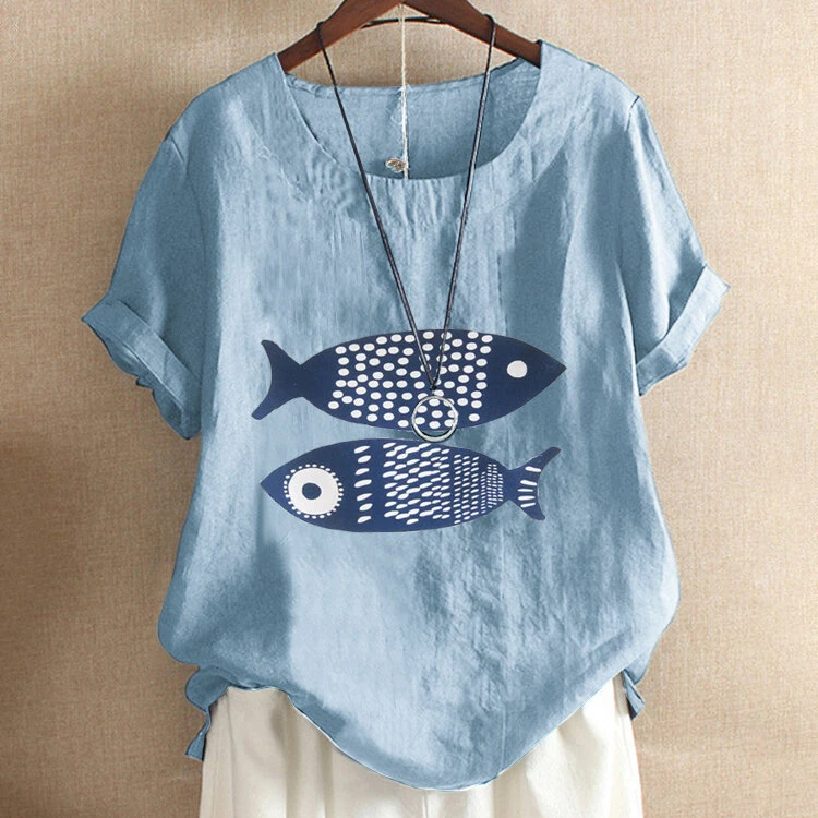 Europe and the United States 2021 New Product Printing Cartoon Fish Short Sleeve Loose O-Collar Casual Short Sleeve T-Shirt