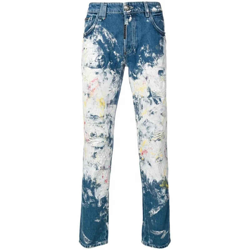 J7076 Custom Style Jean For Man Hand-Painted Baggy Colorful Distressed Ripped Regular Stacked Denim Pants