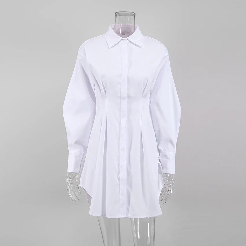 OOTN A-Line Single Breasted Casual Dresses Turn-Down Collar High Waist Solid Long Sleeve Mini Dress Autumn Pleated Shirt Dress