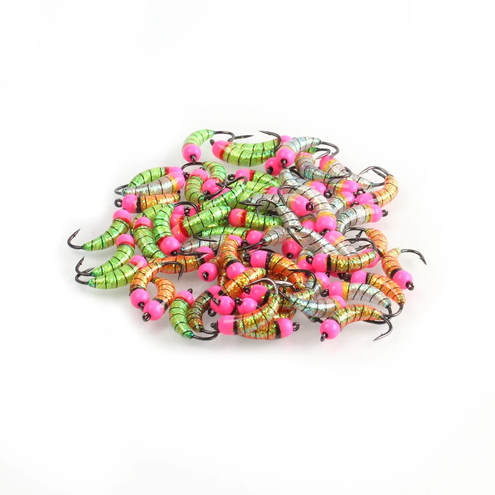 Fly Fishing Trout Brass Bead Head Big Nymph Flies Scud Bug Ice Fishing Worm Fly Caddis Larvae Insect Baits