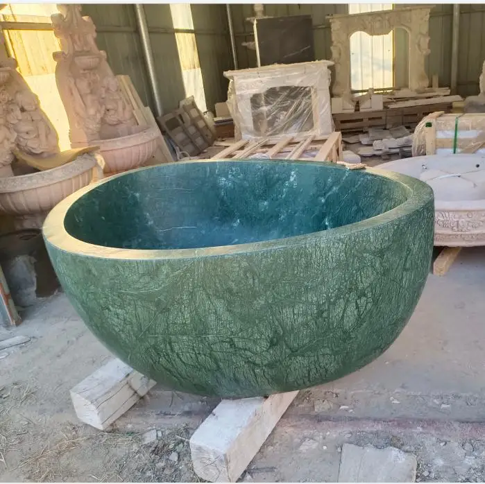 Luxury Free Standing Custom Made Rounded Corner Carving Green Marble Stone Circle Bathtubs