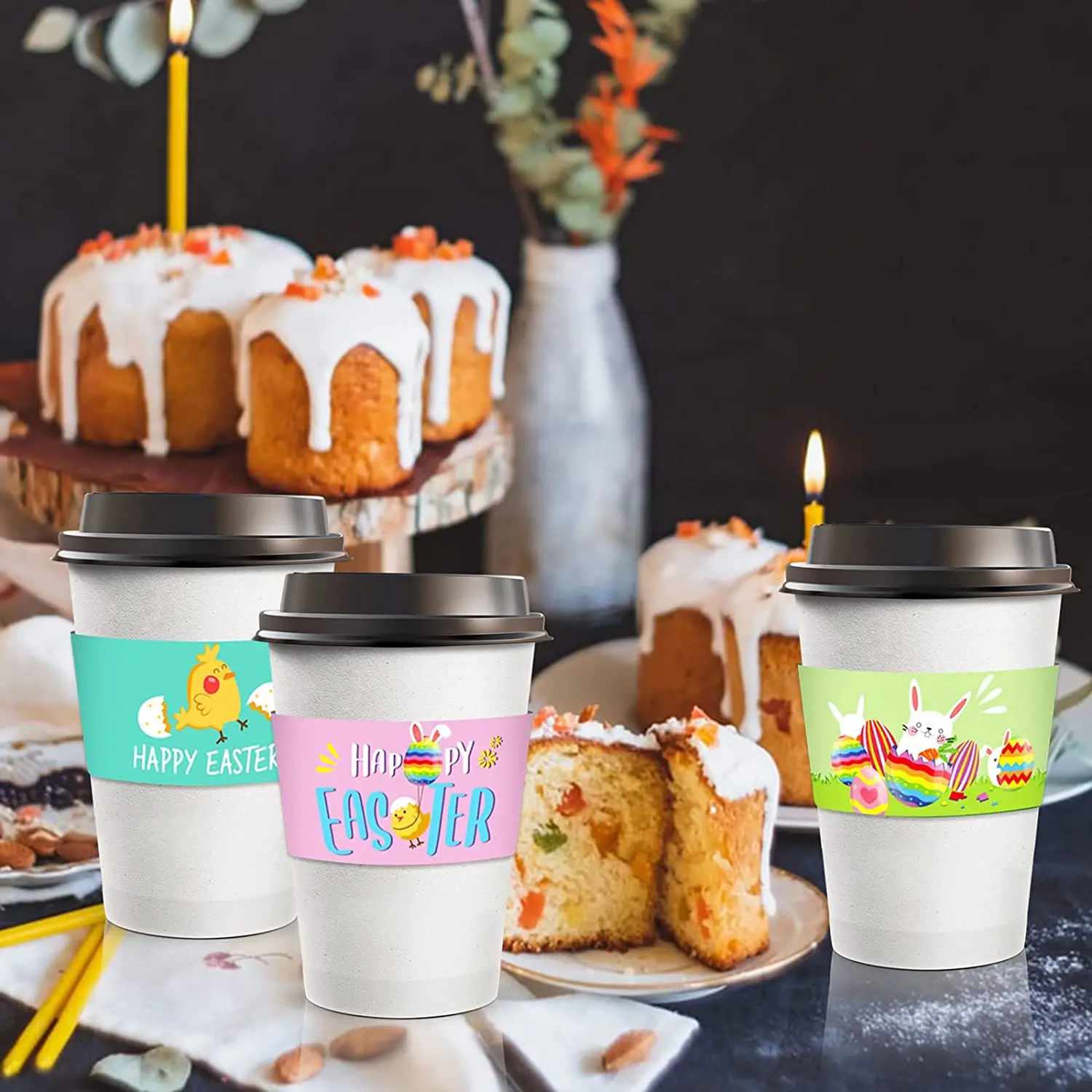 Happy Easter Coffee Cup Tea Cup Sleeves 12oz to 16oz Drink Cup Sleeves for Hot Chocolate Coffee Cocoa or Cold Beverage