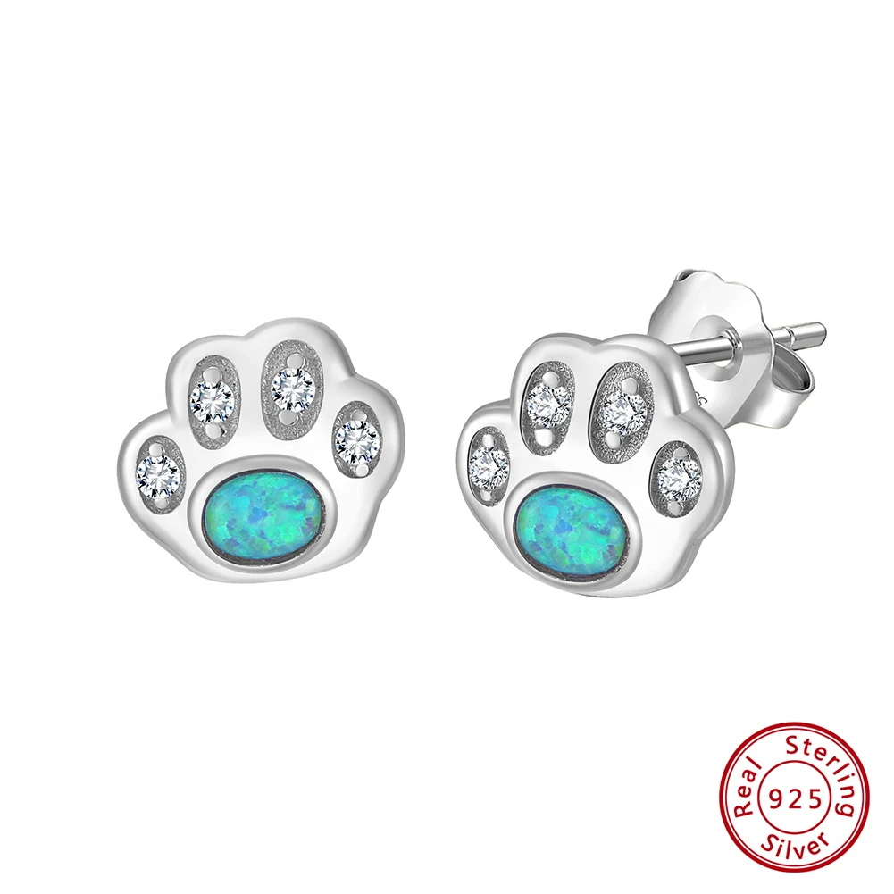 RINNTIN SE402 925 Sterling Silver Opal Zirconia Pet Paw Stud Earrings Cat Dog Earrings White Gold Plated Fine Jewelry