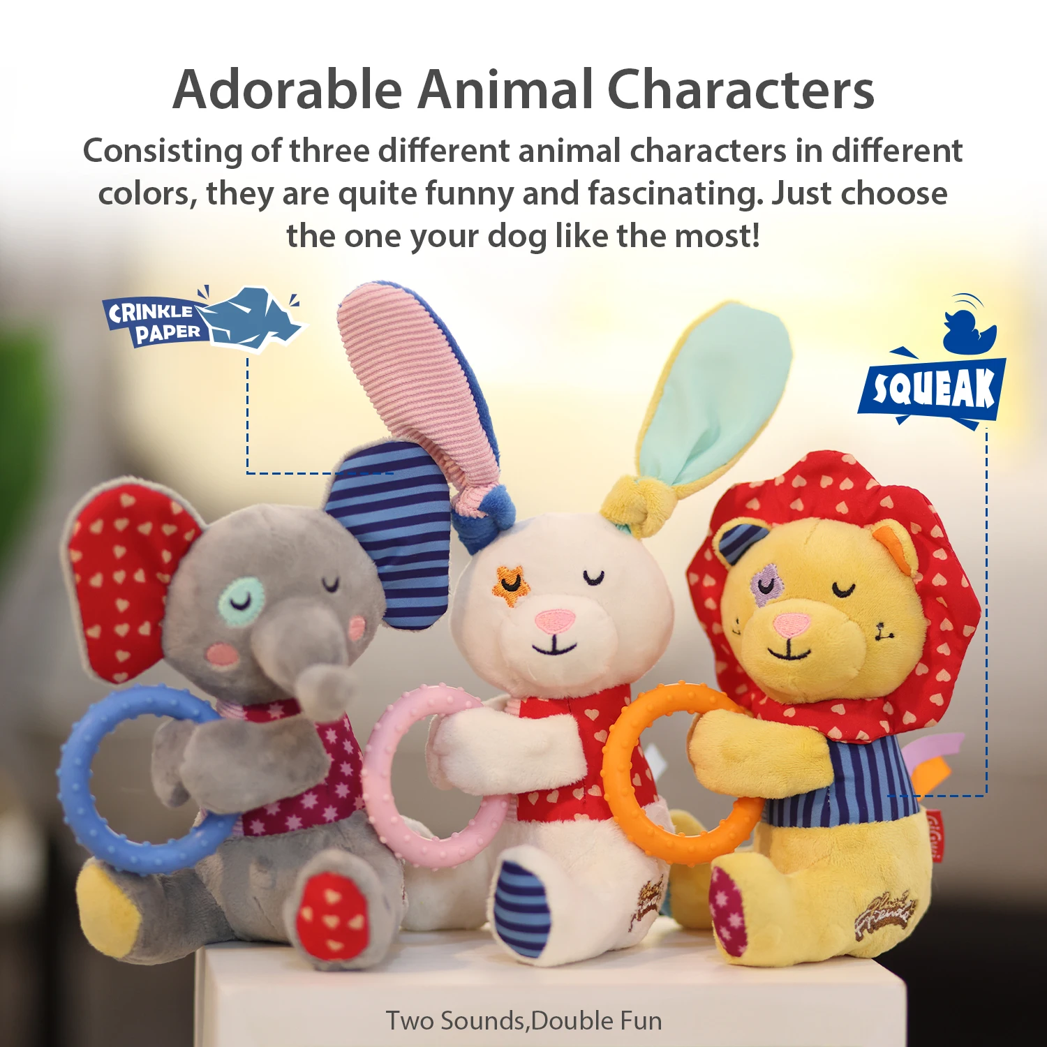 2022 Pet products top seller Plush Friendz with squeaker and TPR ring plush dog chew toy stuffed toy for dogs