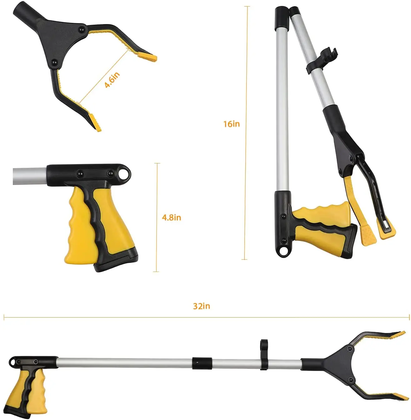 Yellow Foldable Extender Gripper Tool Garbage Picker Reacher Grabber