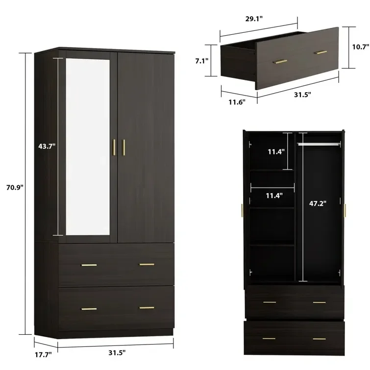 Luxury Bedroom Furniture Wooden Black Two Door Wardrobe with Mirror  Modern Wardrobe Armoire Clothes Organizer