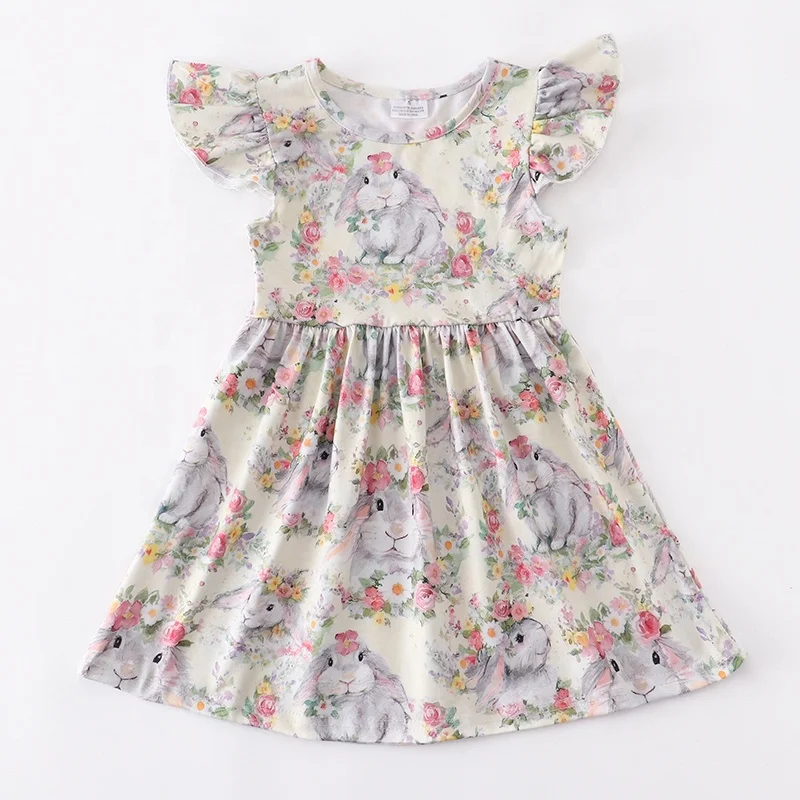 Girlymax 2023 Easter Bunny Rabbit Milk Silk Ruffle Short Sleeve Knee Length Boutique Twirl Baby Girls Kids Dresses