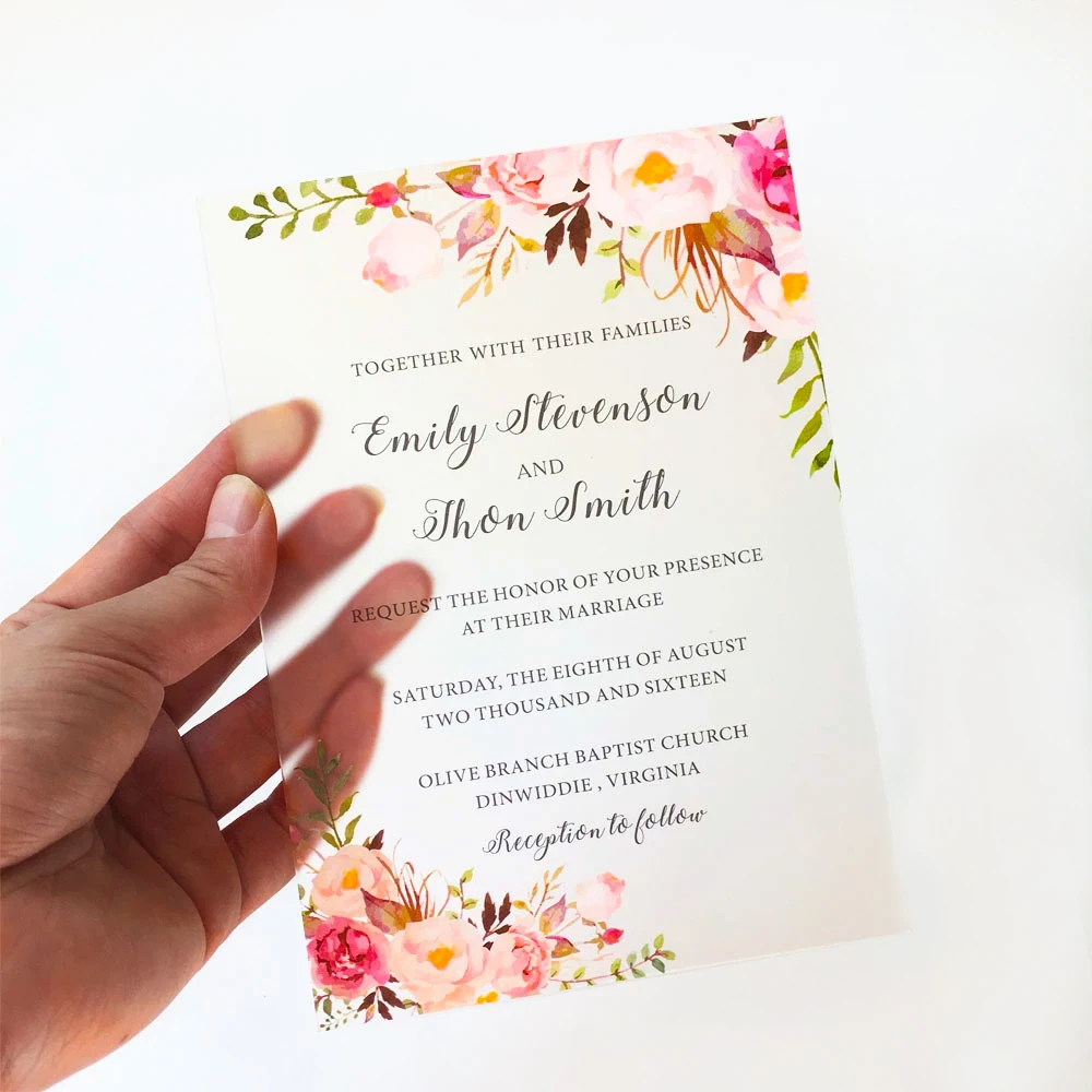 Прозрачная матовая акриловая Свадебная пригласительная открытка с разноцветным принтом на заказ