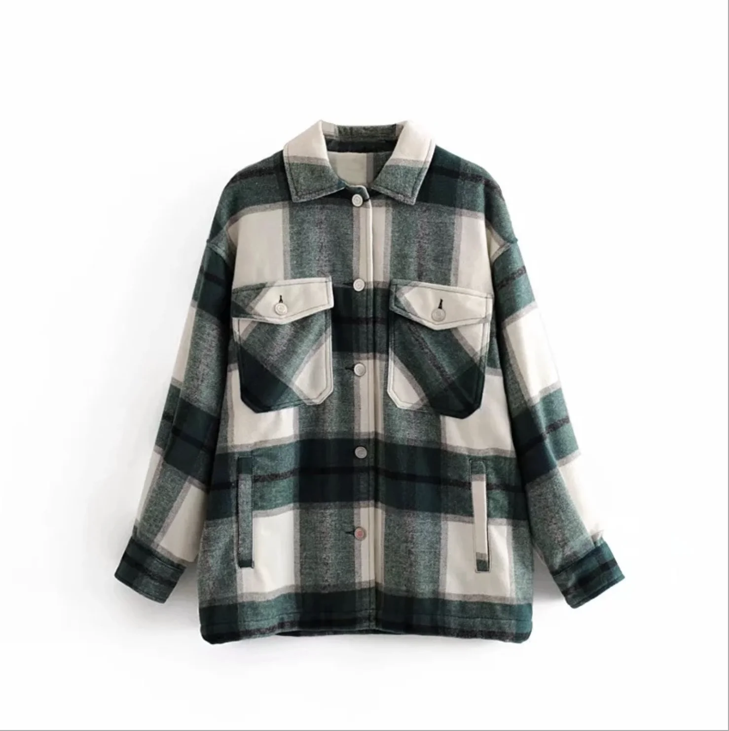 
2021 latest INS European American women long sleeve plaid shirt tweed jacket women casual loose plaid jacket coat 