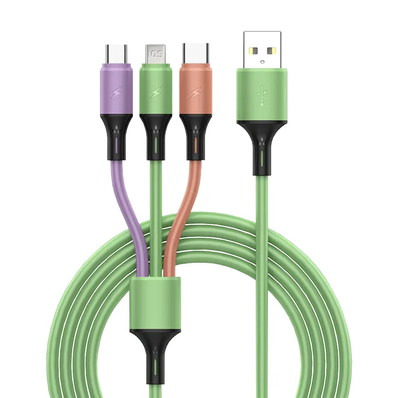 Three-in-one liquid silicone cable, ultra-long Type-C mobile phone charging cable, one tow three 3A data cable