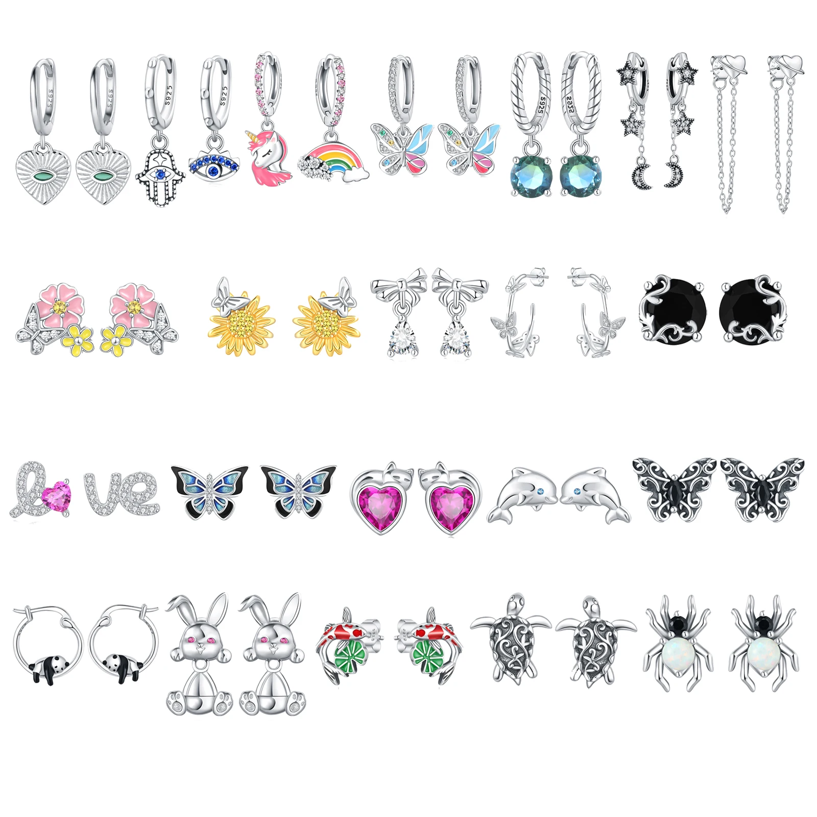 Fashion exquisite fine jewelry earrings 925 sterling silver rainbow enamel unicorn butterfly panda turtle studs hoop earrings