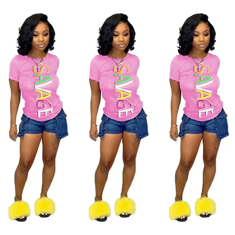 
0819M359 Casual Summer Hot Selling Round Neckline Letter Digital Printed Ladies Tshirt Trendy Design Women Solid Fashion T Shirt 