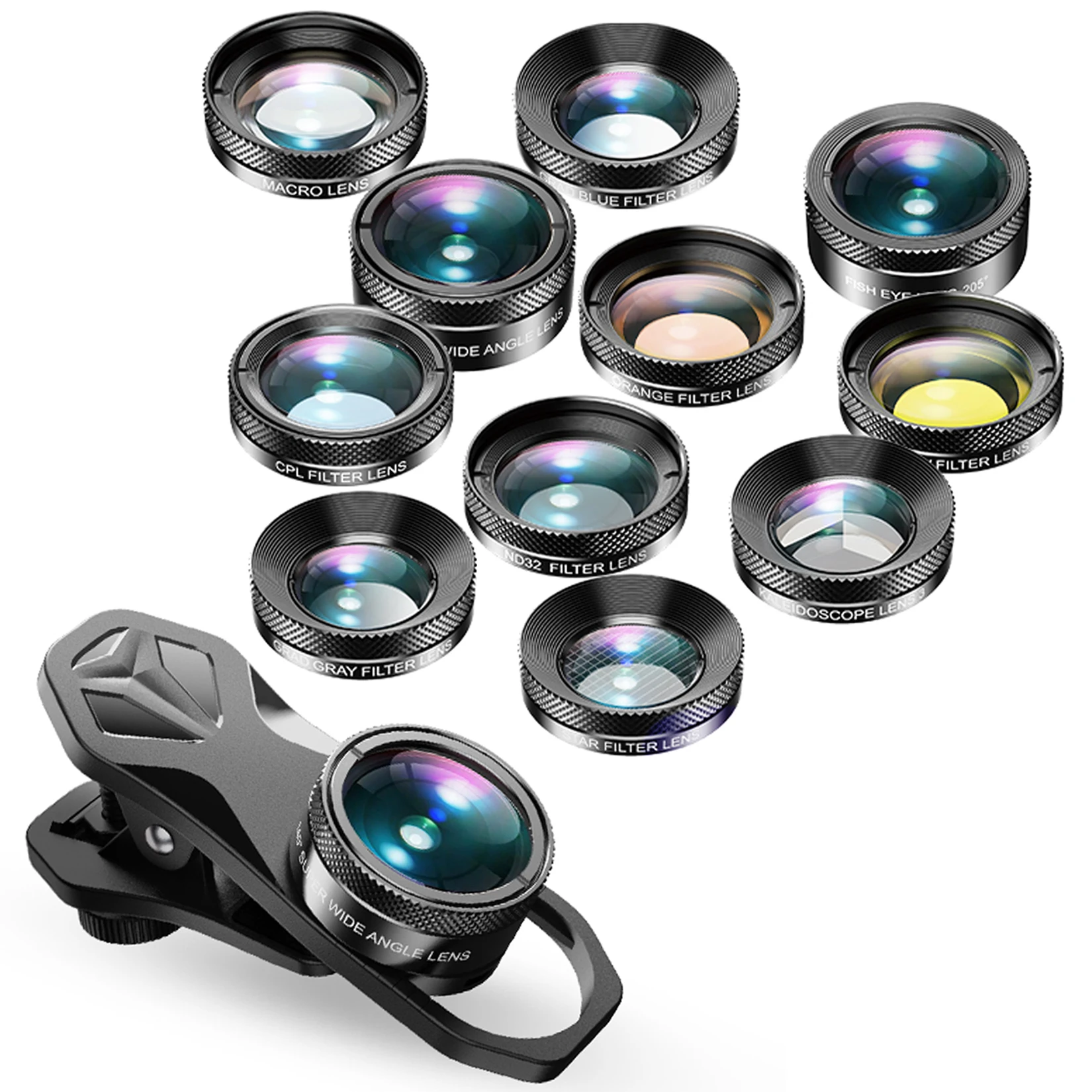 APEXEL 11 in 1 Phone Camera Lens Kit  Wide Angle Macro Fisheye Lens ND32 CPL Color Lens Compatible with Most of Smartphone