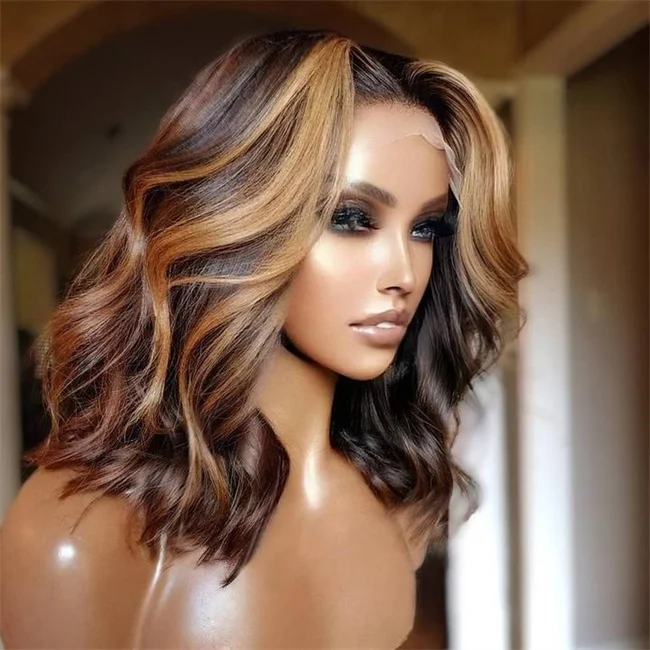 Highlight HD Wigs Human Hair Lace Front Shoulder Length Piano Color Curly Bob Wig Highlight Body Wave Bob Wig For Black Women