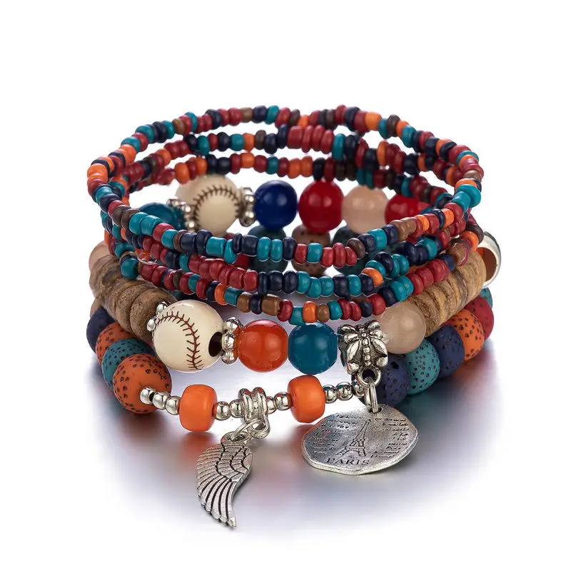 Bohemian Ethnic Multicolor Bodhi Seed Beaded Stackable Stretch Bracelet Set for Women Vintage Metal Feather Pendant Bracelets