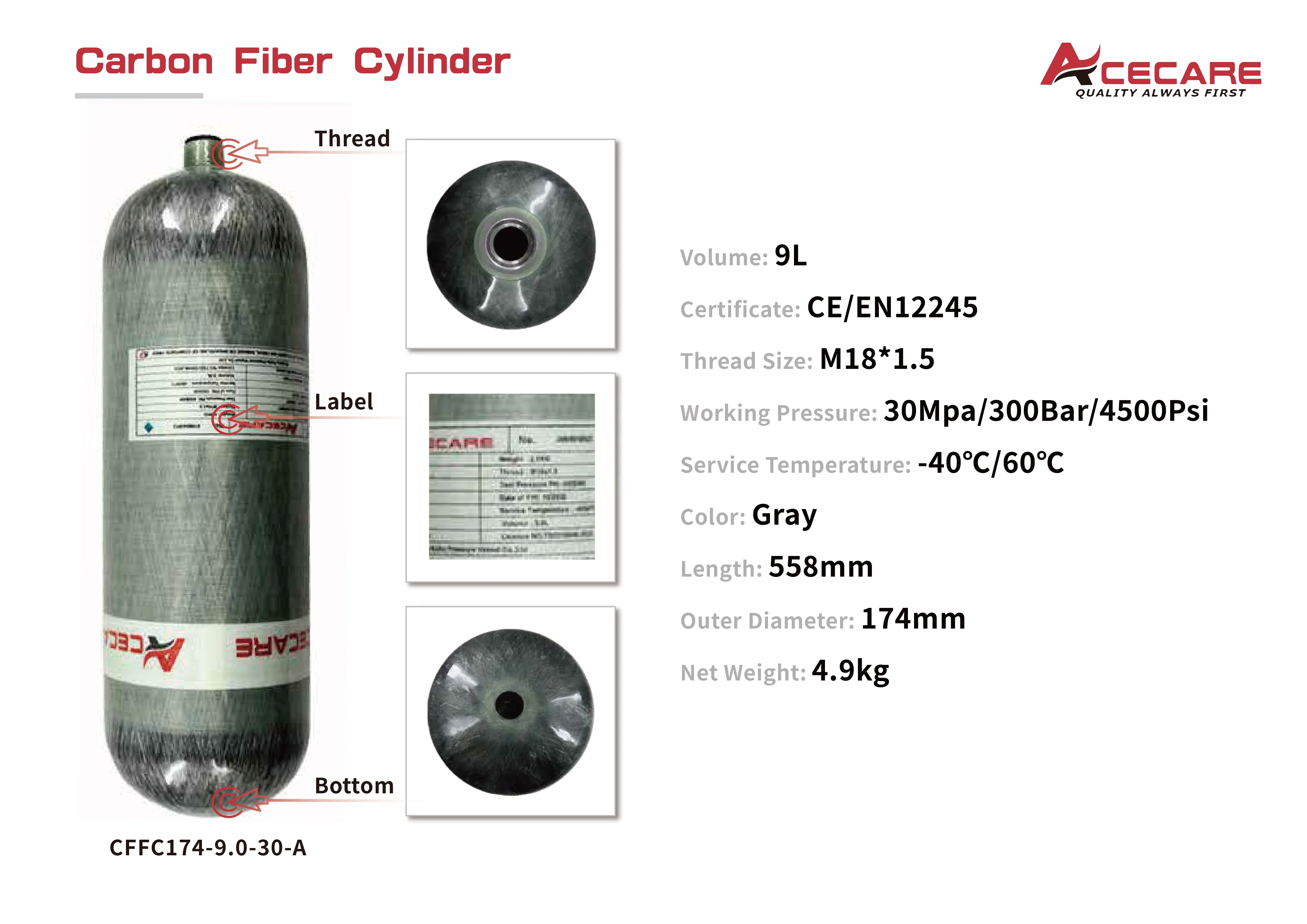 9L CE Carbon Fiber Lung Tank 4500psi High Pressure Cylinder for SCBA Diving