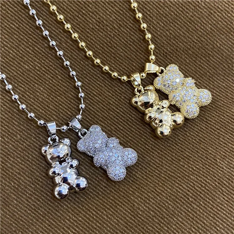 Kolye Ucu Couple Kids Copper Teddy Bear Pendant Necklace Sweater Chain Brass Zircon Charms For Necklace