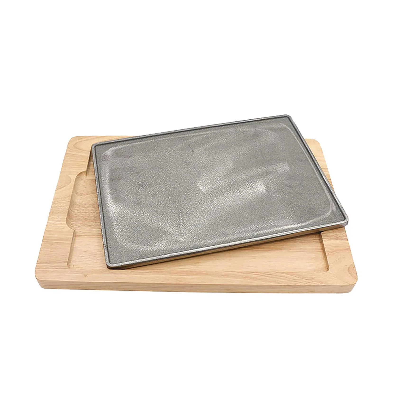 Teppanyaki Plate with Wooden Base Large Cast Iron Steak Plate Household Use Grill Cooking Platter Steak Pan Grill Server Plate